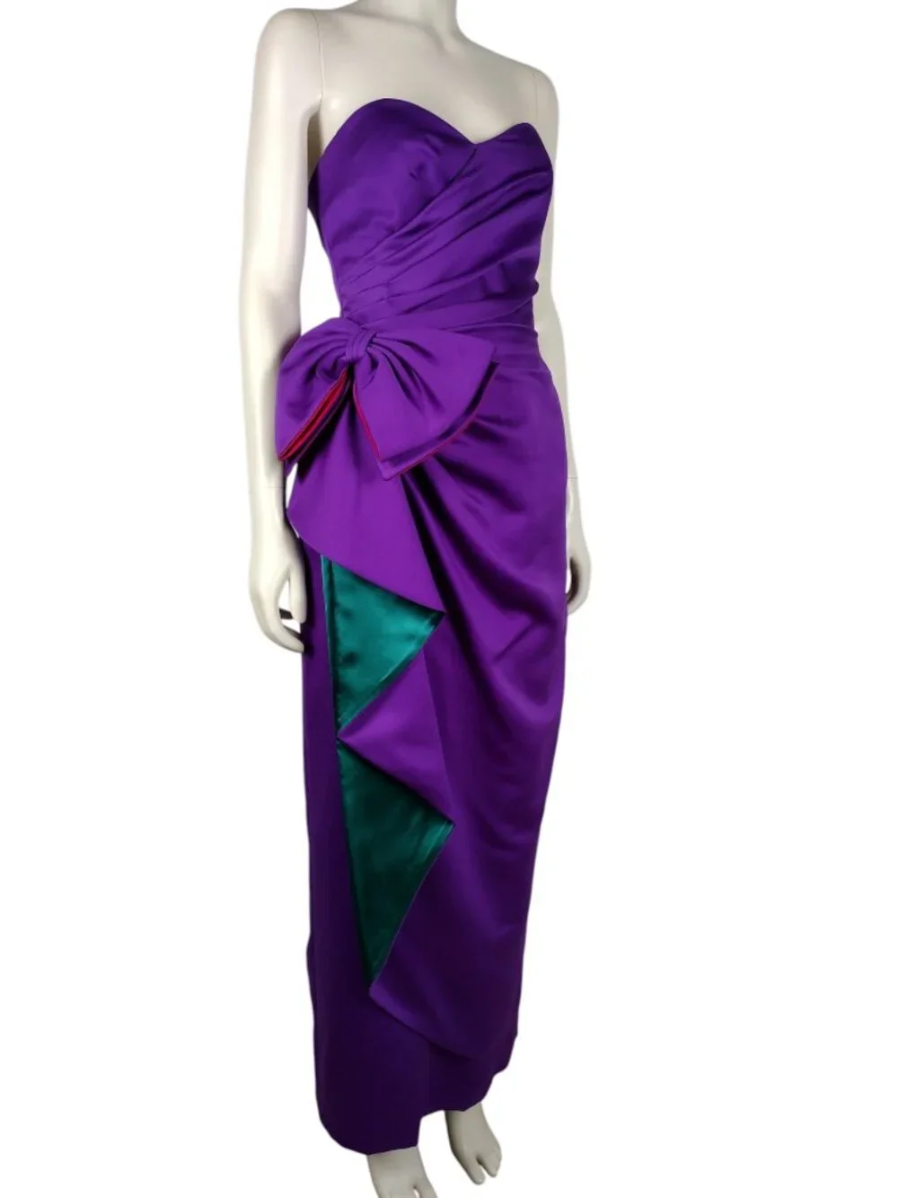 Vintage 1980s AJ Bari Purple Satin Strapless Evening Gown and Shawl Set Size 0